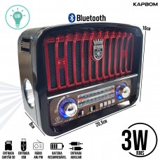 Caixa de Som Portátil Recarregável 3W RMS Bluetooth/Rádio/SD/Aux/USB Retrô com LED e Lanterna KA-8808 Kapbom - Vermelha